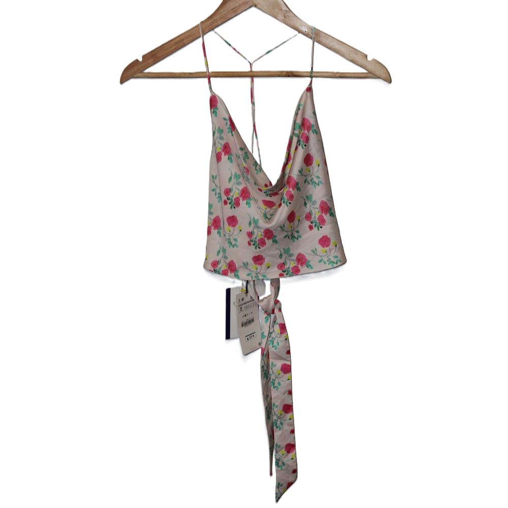 NWT Womens Zara Pink Floral Spaghetti Strap Back Tie Crop Top Halter Tank Size S